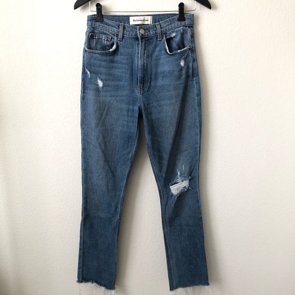 Reformation Hepburn High & Skinny Jeans in Rainier distressed denim